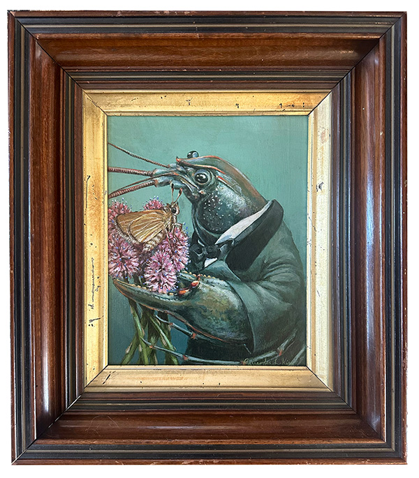 Big Sandy Crayfish Acrylic and oil on panel (8in. x10in.) in a restored antique frame (12in. X 14in.) Featuring the big sandy crayfish, swamp pink and arogos skipper. 