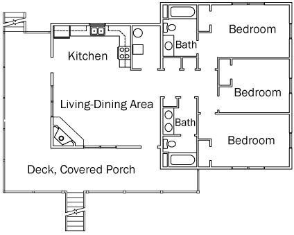 A typical three-bedroom cabin