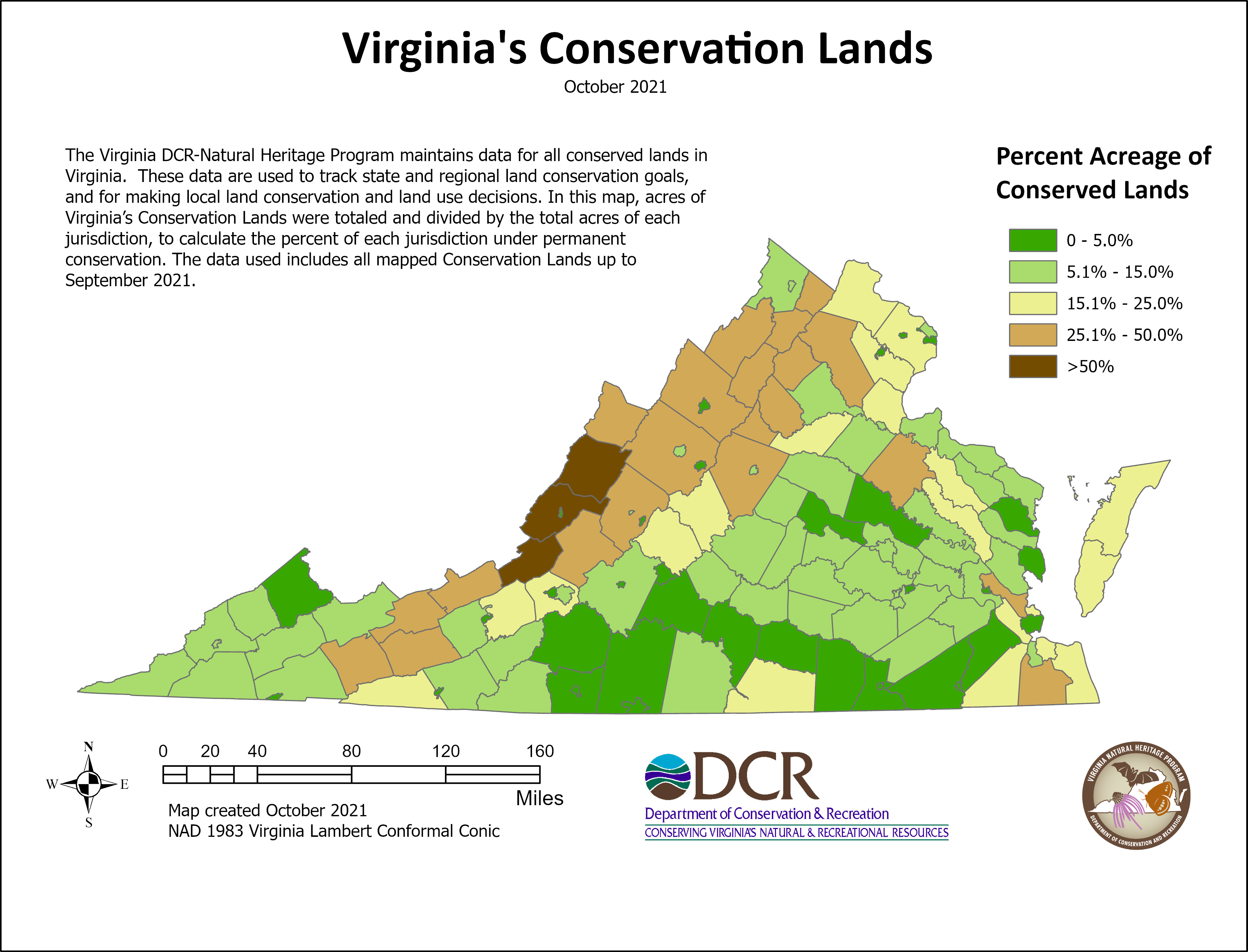 map of va conservation lands by percentage