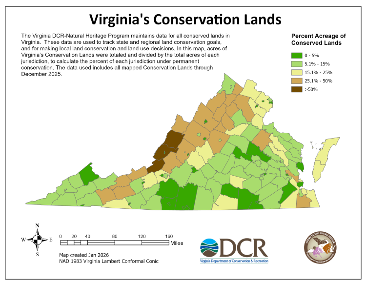 map of va conservation lands by percentage