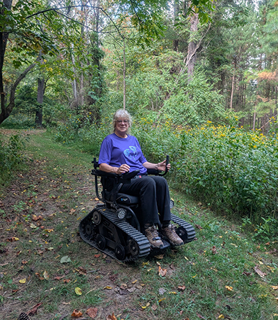 Sharon Lynn Ramsey uses the All-Terrain wheelchair at Claytor Lake State Park. Photo by Cynthia Neighbors Sharon Lynn Ramsey uses the All-Terrain wheelchair at Claytor Lake State Park